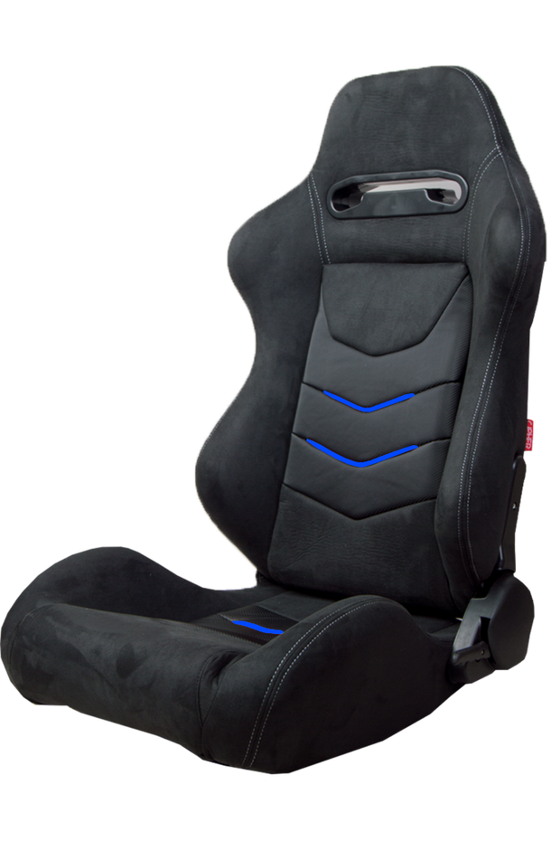 CPA1075 Black Micro Suede With CF PU Leatherette inserts W/ Blue Accents Universal Racing Seats - Pair