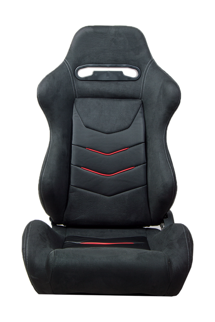 CPA1075 Black Micro Suede With CF PU Leatherette inserts W/ Red Accents Universal Racing Seats - Pair (NEW!)