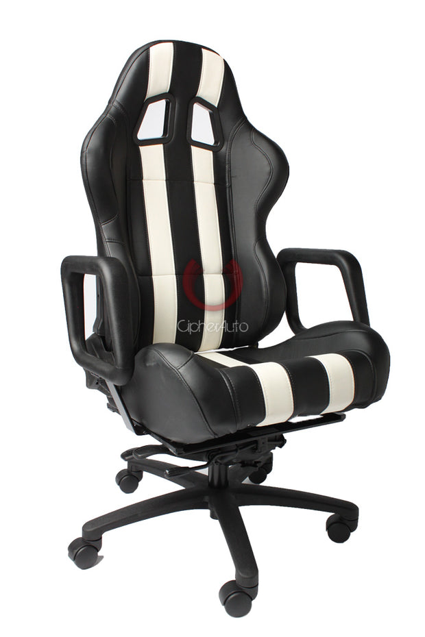 CPA3026 BLACK LEATHERETTE & WHITE STRIPES CIPHER AUTO CUSTOM MADE OFFICE RACING SEAT